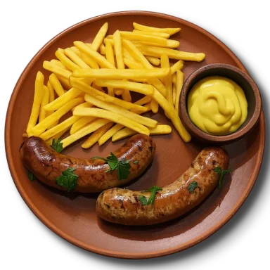 Колбаски Братвурст подаются с картофелем фри