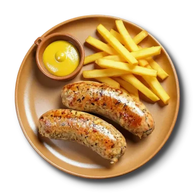 Колбаски Хунчен Братвурст подаются с картофелем фри