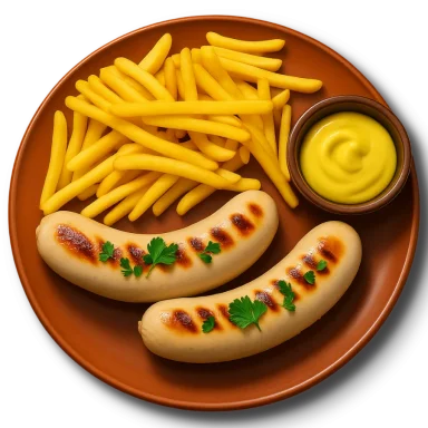 Колбаски Вайсвурст подаются с картофелем фри