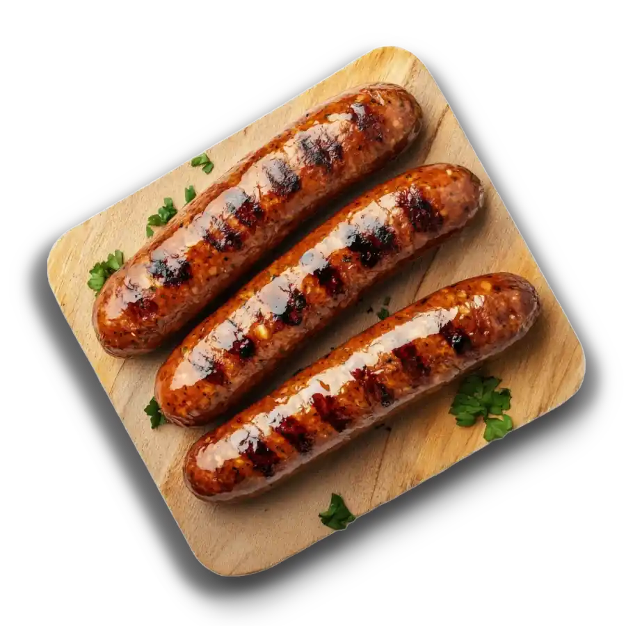 Ассортимент немецких колбас, включая колбасу, вайсвурст и братвурст